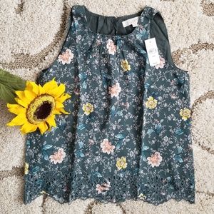 LOFT Green Embroidered Sleeveless Shell